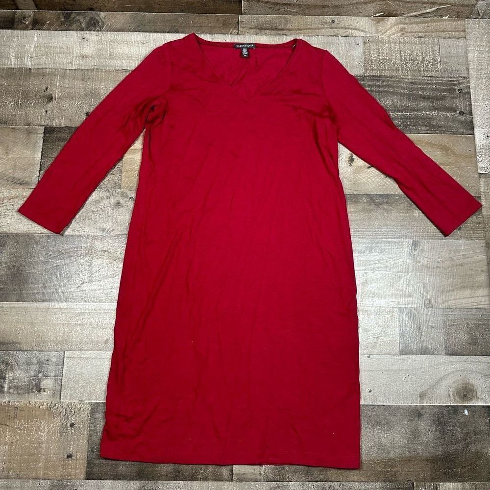 Eileen Fisher Women’s Size Small V Neck Dress Red Long Sleeve Stretch Casual